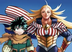 two anime characters standing next to each other with an american flag on their chest and one holding