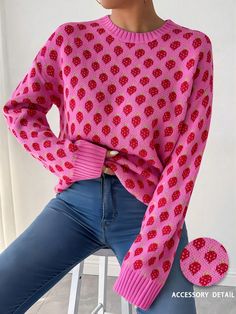 Women's Strawberry Pattern Loose Fit Dropped Shoulder Long Sleeve Casual Sweater Pink Casual  Wrist-Length Sleeve Fabric Floral,All Over Print Pullovers Slight Stretch  Women Clothing, size features are:Bust: ,Length: ,Sleeve Length: Strawberry Pattern, Oversize Pullover, Design Moda, Casual Sweater, Belted Coat, Fabric Floral, Unique Crochet, Casual Sweaters, Inspiration Mode