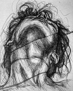 a black and white drawing of a man's head with his hair pulled back