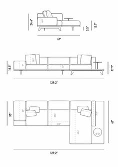 a drawing of a couch and ottoman with measurements