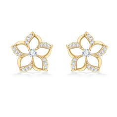 14K Yellow Gold Petite Floating Plumeria Stud Earrings with 0.175 Carats (total weight) of Pavé Set Diamonds and 0.10 Carats (total weight) of Center Diamonds. Total weight: 0.275 Carats. The earrings measure approximately 7/16" in width. Plumeria Jewelry, Concept Jewelry, Jewellery Design Sketches, Hawaiian Jewelry, Abstract Shape, Plants Indoor, Solitaire Earrings, Ear Rings, Ear Cuffs