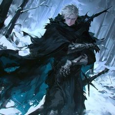 a man dressed in black with white hair and wearing a cloak is walking through the woods