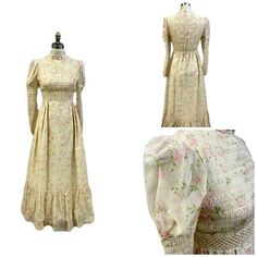 1970s Vintage Romantic Maxi Dress -Cottagecore- in warm ivory with pink and gold flowers, with green leaves. Features a super-smocked bodice, and most of the puffed sleeves. It has lovely vintage accents of daisy chain lace around the sleeves, around the high Victorian style collar, and on the wide waistband. It has a long back metal zipper and is lined all but the sleeves. It is in excellent ready-to-wear condition. Would make a perfect Victorian costume as well. Chest:34" Waist:28" Hips:44" Sh Farm Dresses, Cottagecore Pink, Romantic Maxi Dress, Farm Dress, Victorian Costume, Dress Cottagecore, Vintage Fits, Daisy Chain, Floral Stripe