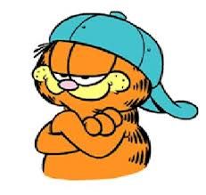 garfield the cat is wearing a blue hat and holding his hands to his chest with one hand