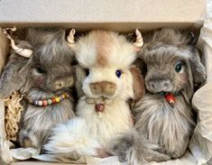 three stuffed animals are sitting in a cardboard box