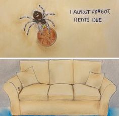 two pictures one with a couch and the other with a spider on it's back