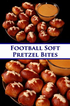 A plate of mini football shaped pretzel bites next to a bowl of hot beer cheese dip. Overlaid text says football soft pretzel bites. Football Shaped Appetizers, Themed Charcuterie Boards, Soft Pretzel Bites Recipe, Football Shaped Foods, Football Tailgate Food, Pretzel Bites Recipe, Soft Pretzel Bites