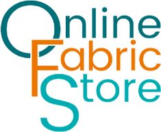 the online fabric store logo is shown in blue, orange and green colors on a white background