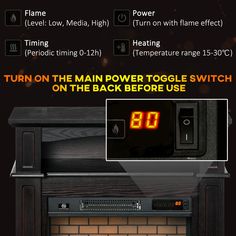 an advertisement for a fireplace with the words turn on the main power toggle switch on the back before use