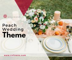 a table set for a wedding with flowers and candles on it, in front of the words peach wedding theme