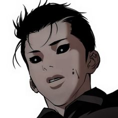 an animated image of a man with black hair and piercings on his face, looking at the camera