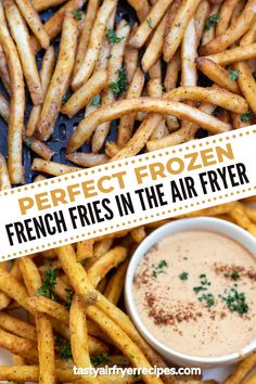 french fries in the air fryer are served with dipping sauce and parsley on top