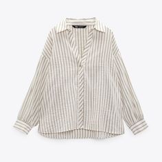 Zara Striped Shirt White V-neck Chic Shirt, Neutral Long Sleeve Shirt For Spring, White Shirt For Fall Day Out, White Office Shirt For Spring, Casual Linen Blouse For Office, Casual Linen Office Blouse, Chic White Fall Shirt, Striped Linen Tops For Work, Classic Neutral Blouse For Summer