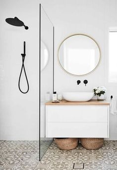 This gives the bathroom a streamlined look and gives a modern touch to the bathroom design. Shower screens come in different sizes and designs and thus you should shop around for the best possible deal. Scandinavian Bathroom, Bad Inspiration, Small Bathroom Makeover, Beach Shack, Bathroom Inspo, Bathroom Style, Bathroom Reno, Home Bathroom, Bathroom Styling