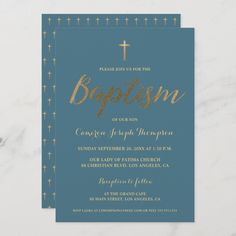 Dusty Blue Gold Cross Custom Baby boy Baptism Invitation Modern Baby, Script Fonts