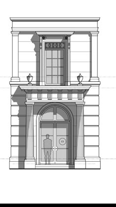 an architectural drawing of a building with a man standing in the doorway and looking out