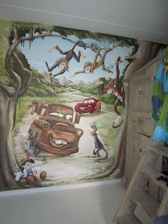 a child's bedroom with a mural on the wall