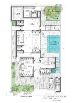 the floor plan for a house with swimming pool and outdoor living area in the background