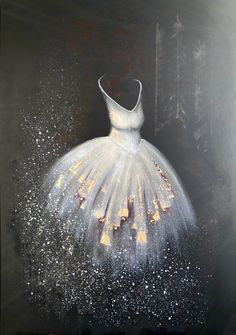 a painting of a white ballerina dress on a black background with gold stars and glitters