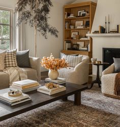 a living room filled with furniture and a fire place in front of a large window