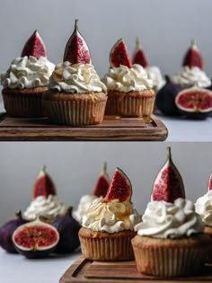 some cupcakes with whipped cream and figurines on top are shown in three different angles