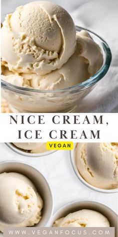 an ice cream in a glass bowl with the words nice cream, ice cream vegan