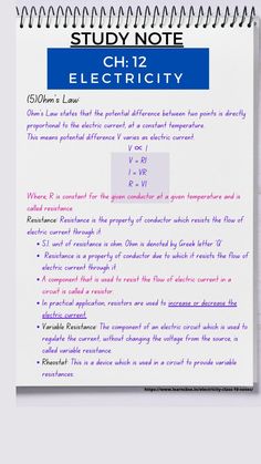 a sheet of paper with writing on it and the words study note ch 12 electricity