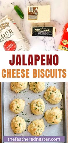 jalapeno cheese biscuits on a baking sheet with the title above it