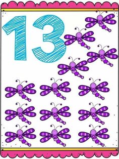 the number thirteen with dragonflies on it is shown in purple and blue colors, as well as numbers