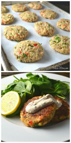 two pictures side by side one with crab cakes, the other with crab cakes and spinach leaves