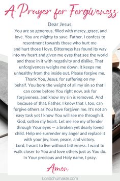 a prayer for forgiveness with the words, and an image of a cross on it