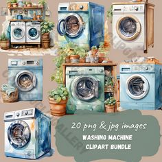 watercolor washer and washing machine clipart bundle - 20 png jpg images