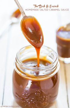 a spoon full of homemade salted caramel sauce