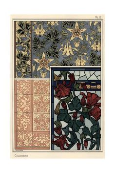 an image of stained glass with flowers and leaves on it's side, in different colors