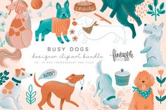 illustrated illustrations of dogs in various colors and sizes with the words busy dogs on them