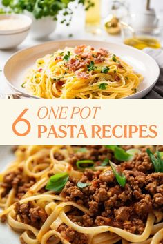 one pot pasta recipe with ground meat and basil on top, the other has spaghetti in it