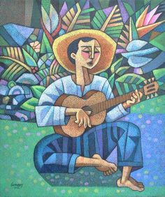 a painting of a man sitting on the ground with a guitar in front of him