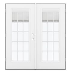 a white double door with blinds on the top and side panels, in front of a white background