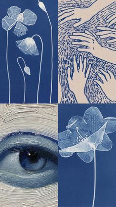 four different pictures with blue and white flowers on them, one in the center is an eye