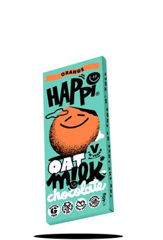 a chocolate bar with an orange on top and the words happy written in white lettering