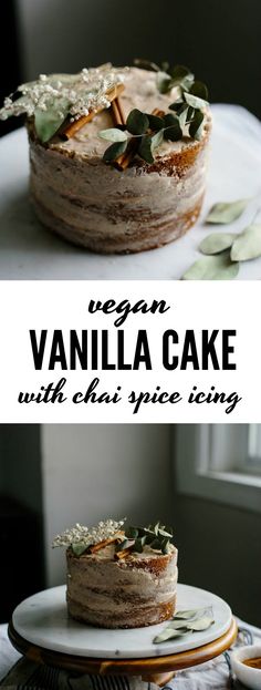 vegan vanilla cake with chai spice icing and fresh sage leaves on top