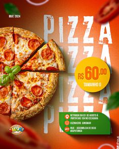 an advertisement for a pizza restaurant with a slice taken out of the cheese and toppings