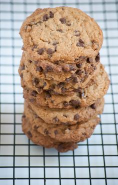 chocolate chip cookies stacked on top of each other