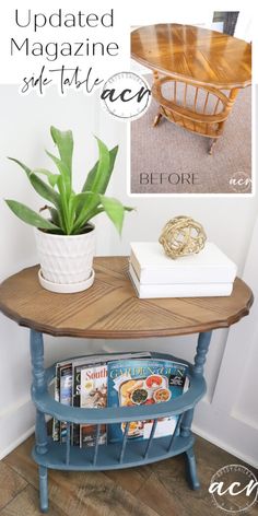 a table with magazines on it next to a potted plant and magazine rack in the corner