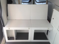 the inside of an rv with white cabinets