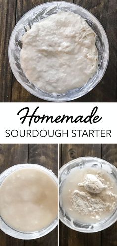 homemade sourdough starter in a glass bowl on top of a wooden table with text overlay