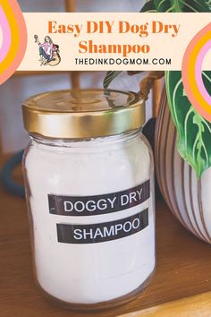 the dog dry shampoo is sitting next to a potted plant on a table