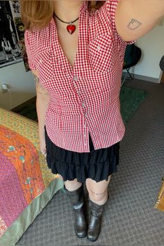 Red Gingham Top Outfit, Red Mini Skirt Outfit, Gingham Top Outfit, Gingham Aesthetic, Red Gingham Top, Boots Target, Gingham Top, Red Mini Skirt, Miniskirt Outfits