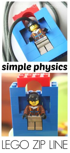 two pictures with the words simple physics and lego zip line on them, in front of an image of a man inside a blue box