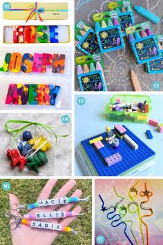 the collage shows different items made out of legos and plasticine letters that spell out words